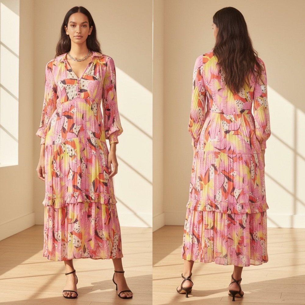 ANTHROPOLOGIE Yukiko Noritake NWT Marais Printed Chiffon Maxi Dress Canary XXS